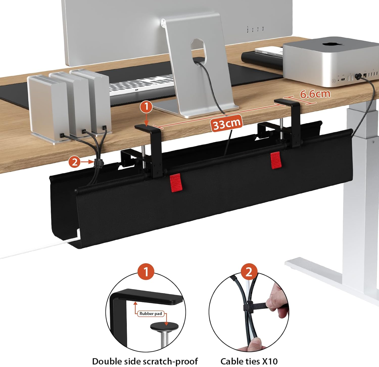 Univivi Under Desk Cable Management Tray fitted beneath a workstation with cables organised using included cable ties.