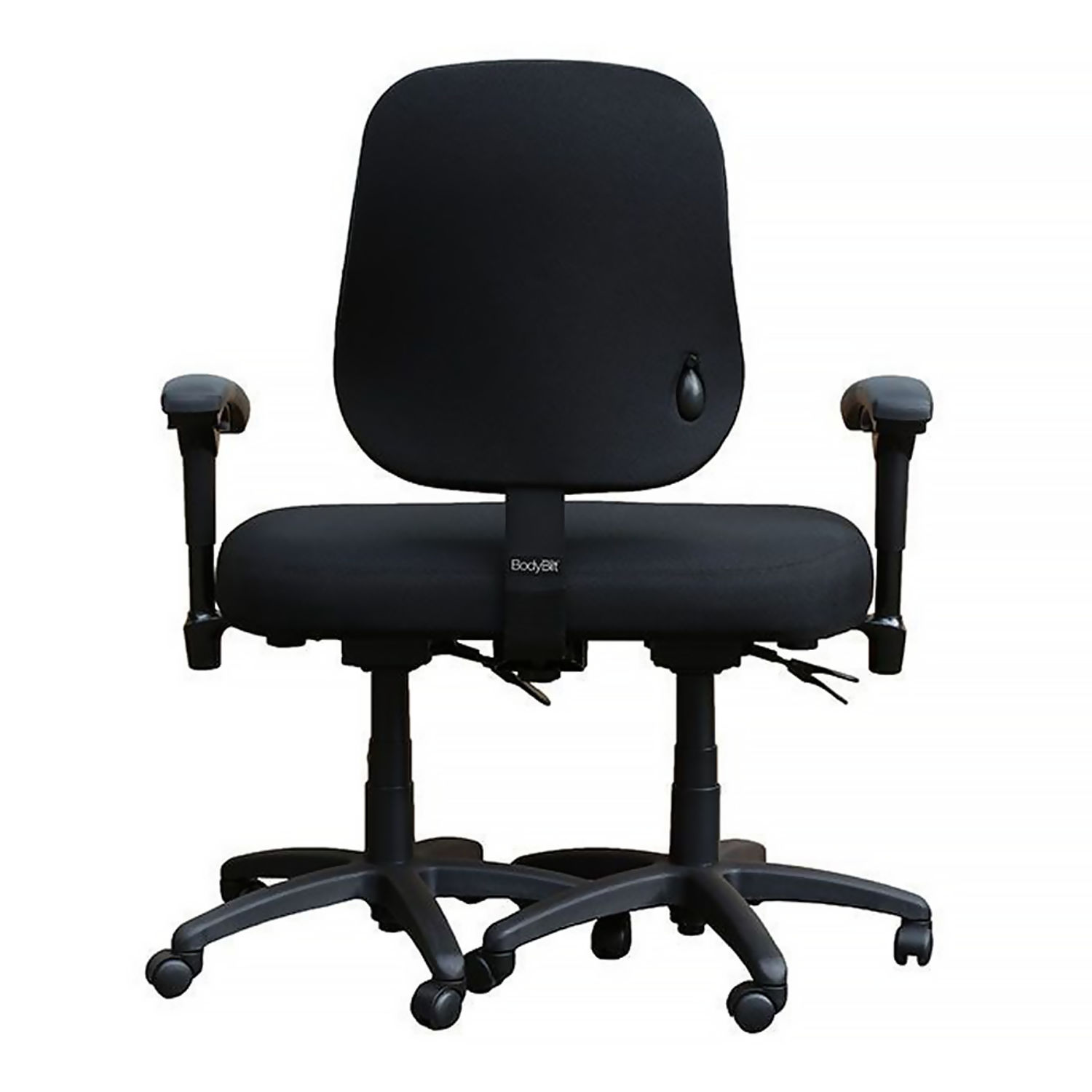 BodyBilt Double Bariatric Chair shown from the front with a wide black upholstered seat, supportive backrest, adjustable armrests and dual wheeled bases.
