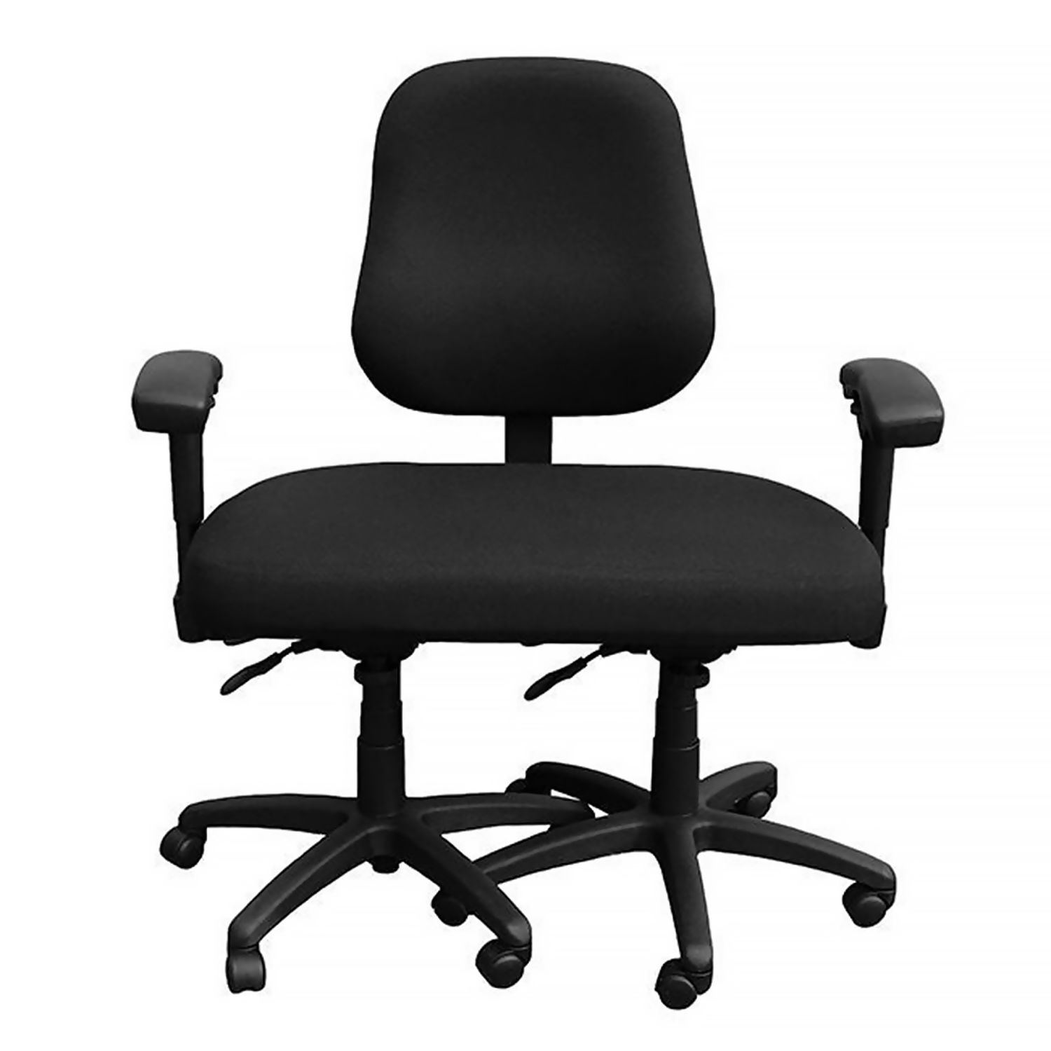 BodyBilt Double Bariatric Chair with extra-wide black seat, padded backrest, adjustable armrests and twin wheeled bases.