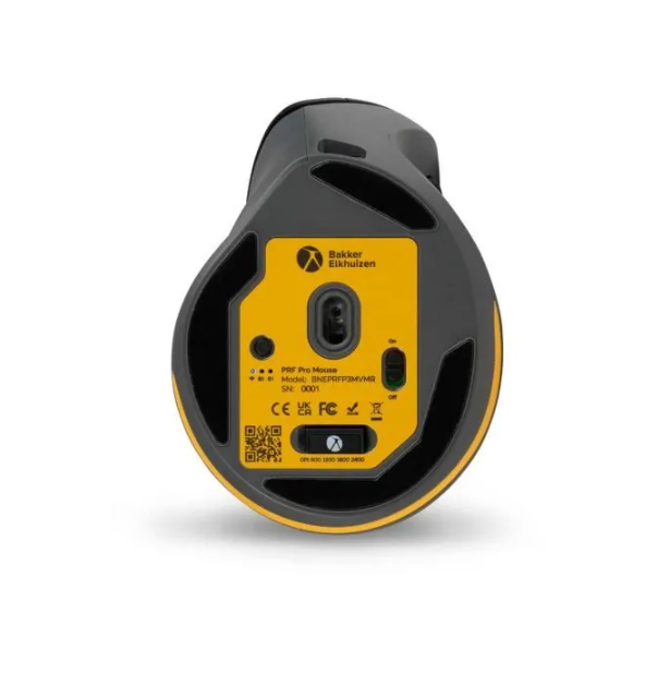 Underside of the Bakker Elkhuizen PRF Pro 3-Mode Vertical Mouse Right Handed showing sensor and connection controls.