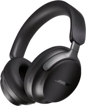Bose QuietComfort Ultra headphones with microphone shown at an angle with padded over-ear cushions.