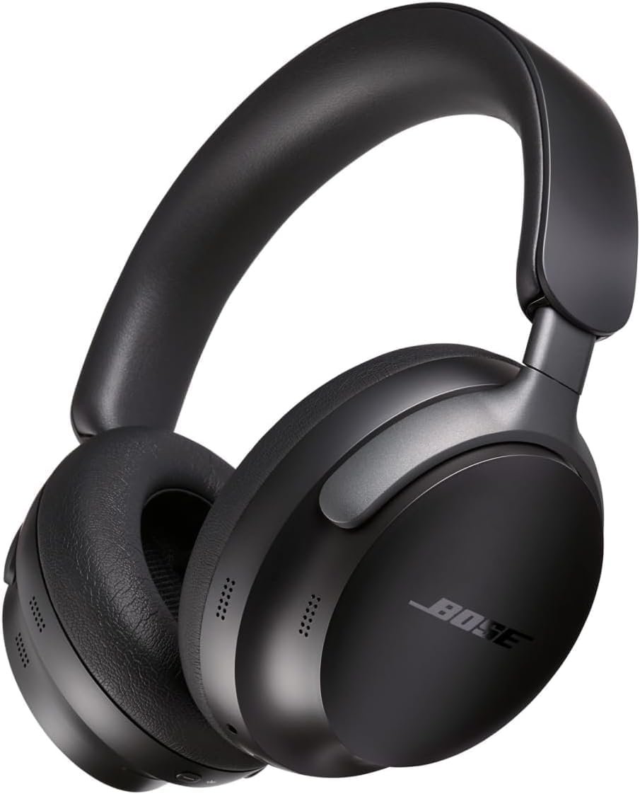 Bose QuietComfort Ultra headphones with microphone shown at an angle with padded over-ear cushions.