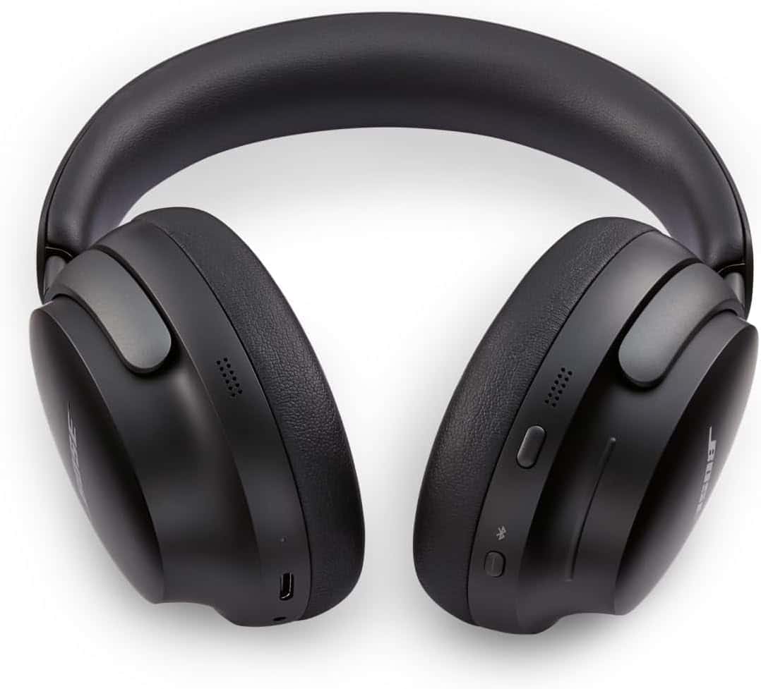 Bose QuietComfort Ultra headphones with microphone showing the padded earcups and integrated controls.