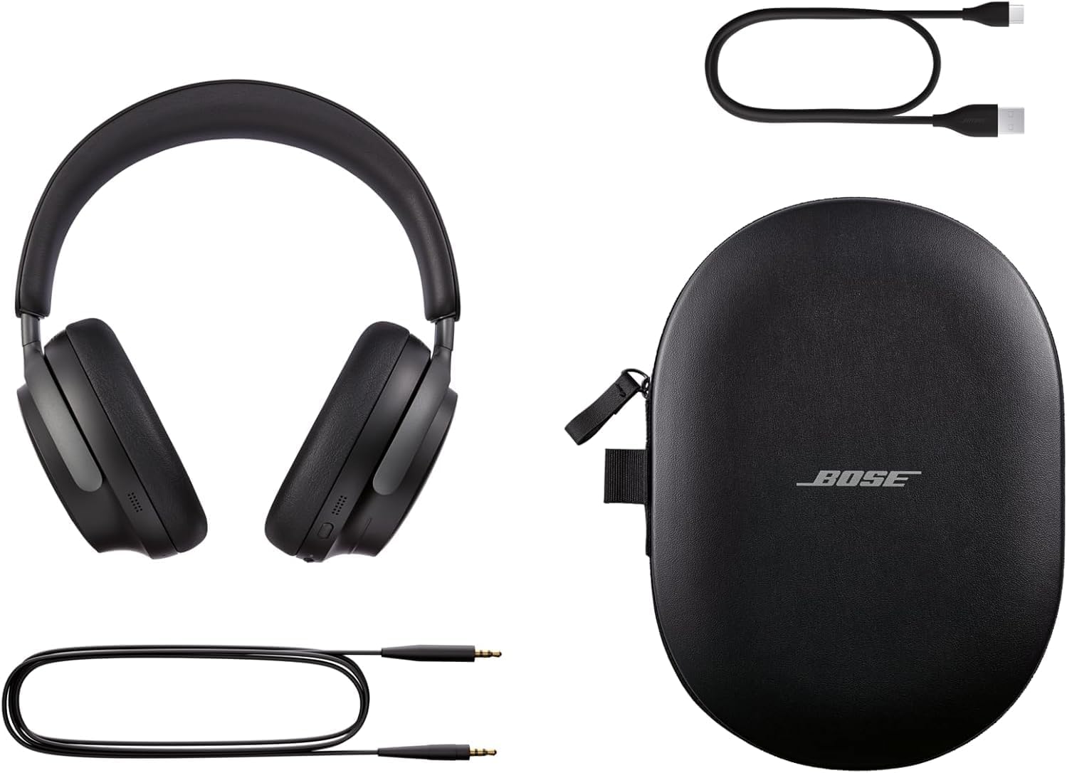 Bose QuietComfort Ultra headphones with microphone, protective carry case, USB charging cable and audio cable.