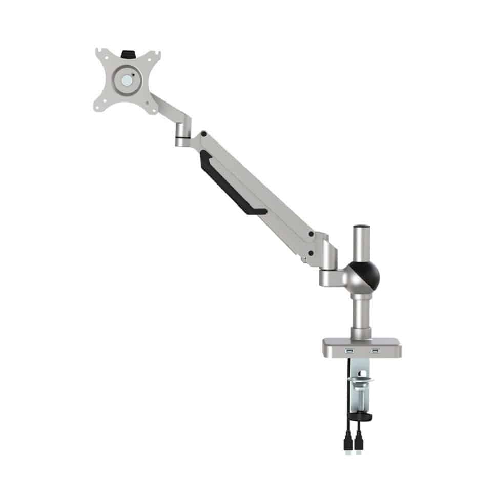 EasyView Gas Monitor Arm V2 Single adjustable desk mounted monitor arm with VESA plate and USB ports.