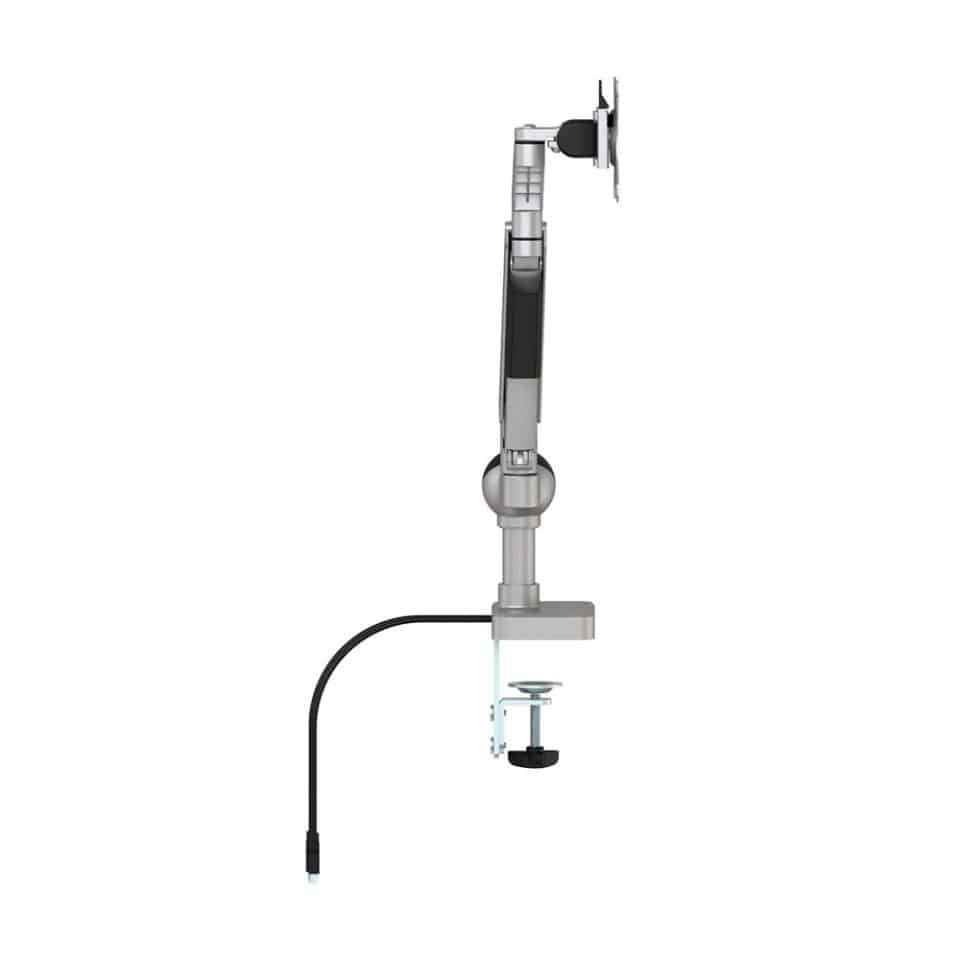 EasyView Gas Monitor Arm V2 Single shown from the side with adjustable arm, VESA mount and desk clamp.