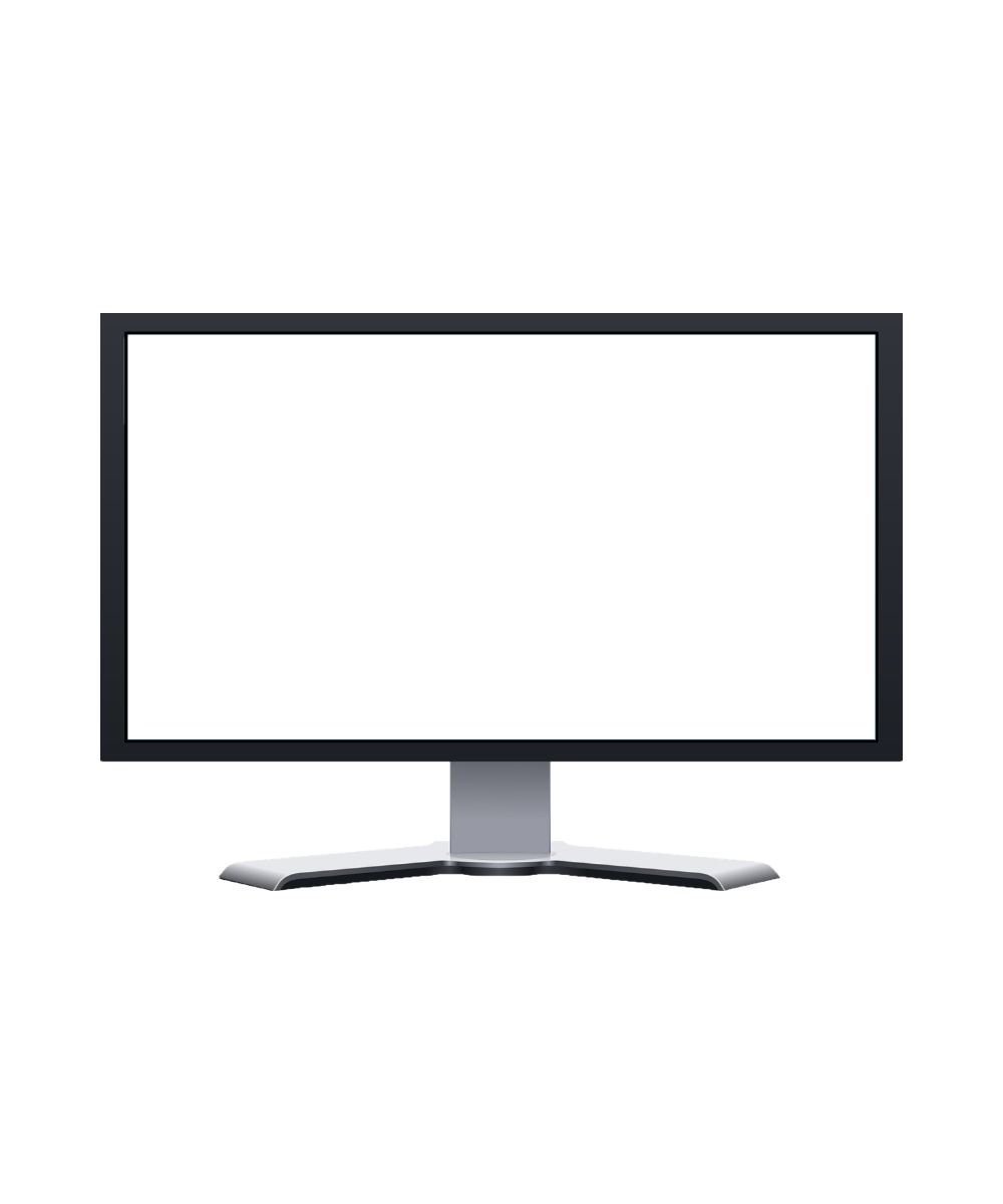 21.5 inch monitor with black bezel, blank white screen and silver desktop stand shown from the front.