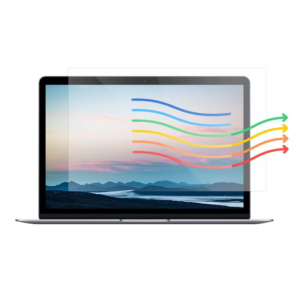 Ocushield Anti Blue Light Filter for Laptop & Monitor 14” (16:9) positioned over a laptop screen, with coloured lines illustrating light filtration.