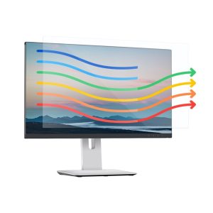 Ocushield Anti Blue Light Filter for Laptop & Monitor 14” (16:9) fitted over a desktop monitor, with coloured lines illustrating light filtration.