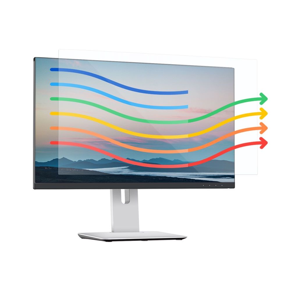 Ocushield Anti Blue Light Filter for Laptop & Monitor 14” (16:9) fitted over a desktop monitor, with coloured lines illustrating light filtration.