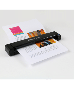 IRIScan Express 4 portable document scanner scanning a colour printed sheet with charts and text