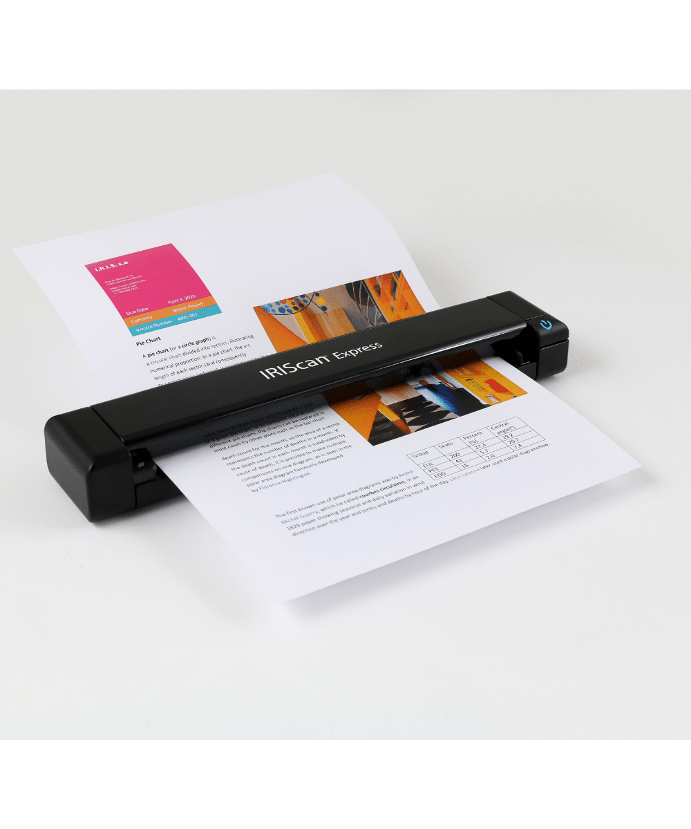 IRIScan Express 4 portable document scanner scanning a colour printed sheet with charts and text