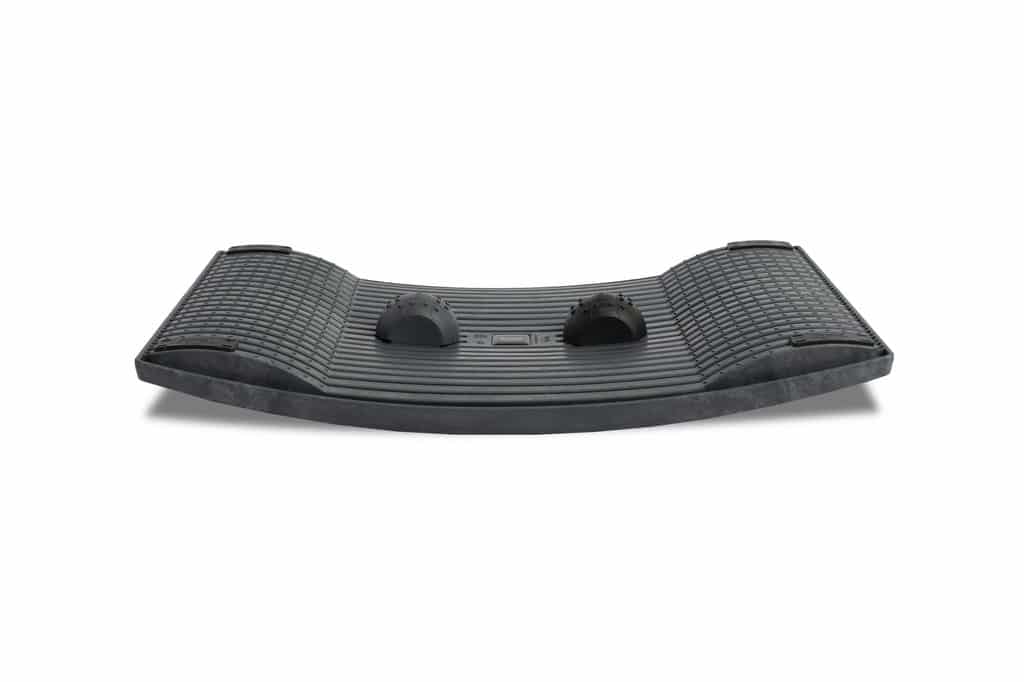Gymba balance board shown from the front, featuring curved ergonomic base and raised balance domes for active standing at a desk.