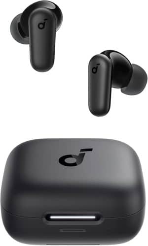 Black Soundcore Anker P30i wireless earbuds positioned above their black charging case.