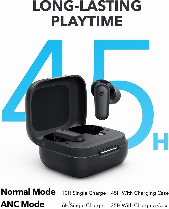Soundcore Anker P30i earbuds shown with an open charging case highlighting up to 45 hours of playtime.