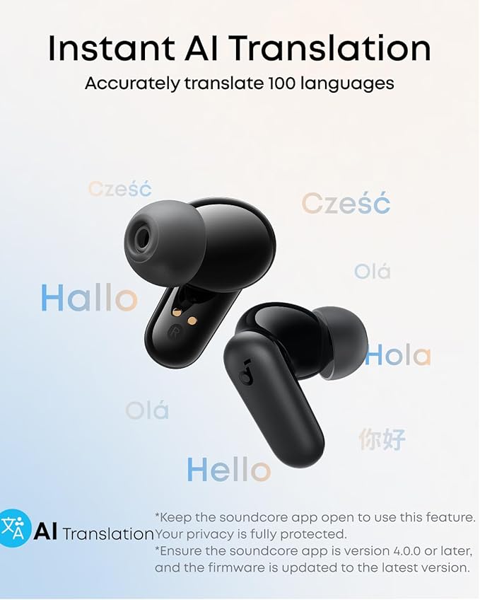 Soundcore Anker P30i earbuds displayed with multilingual words to illustrate the AI translation feature.
