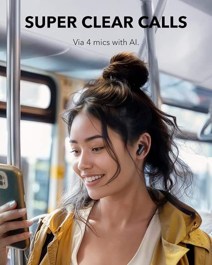 Person wearing Soundcore Anker P30i earbuds while looking at a smartphone on public transport.