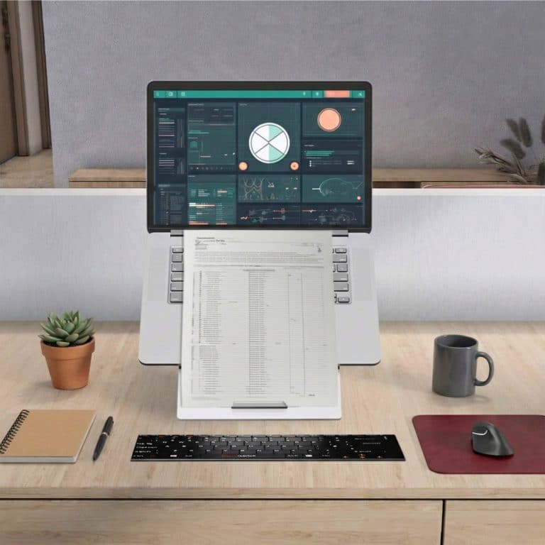 Standivarius Oryx Evo D Black Limited Edition holding a laptop with a document positioned in front of the keyboard.